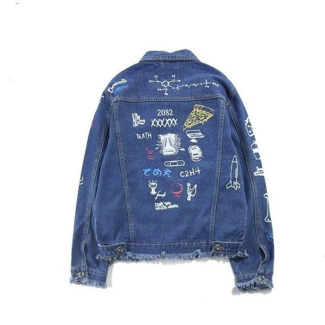 Jeansjacke Langarm Herren Hip Hop bedruckte Tasche Freizeithemden Fashion Streetwear