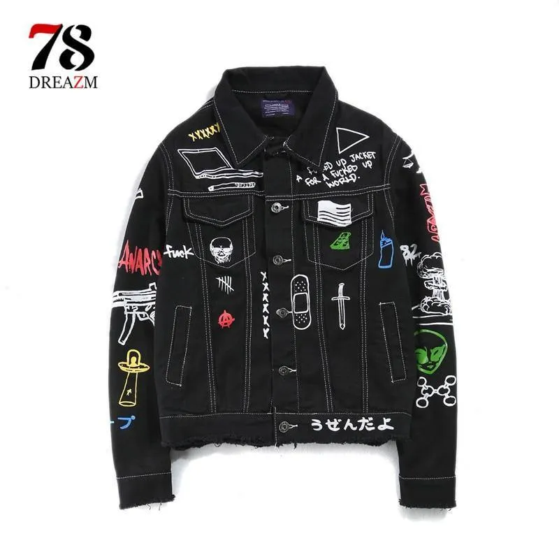 Jeansjacke Langarm Herren Hip Hop bedruckte Tasche Freizeithemden Fashion Streetwear