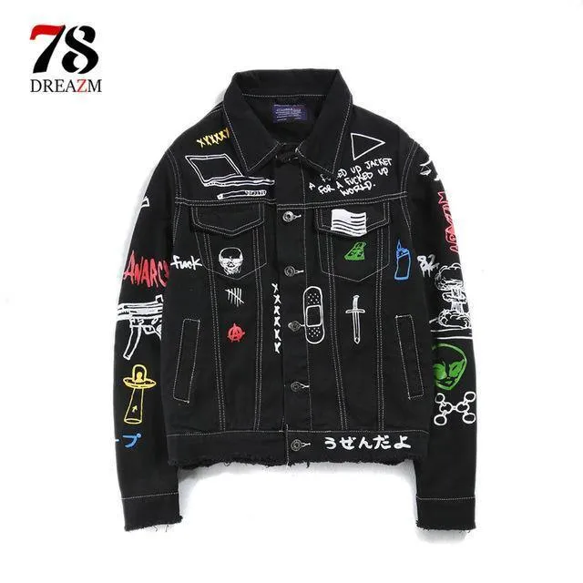 Jeansjacke Langarm Herren Hip Hop bedruckte Tasche Freizeithemden Fashion Streetwear