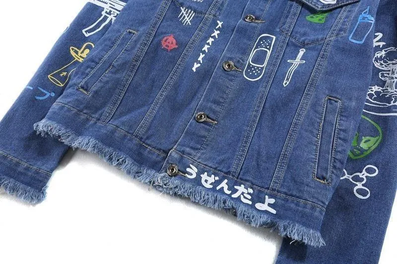 Jeansjacke Langarm Herren Hip Hop bedruckte Tasche Freizeithemden Fashion Streetwear