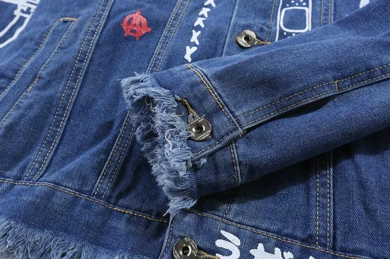 Jeansjacke Langarm Herren Hip Hop bedruckte Tasche Freizeithemden Fashion Streetwear