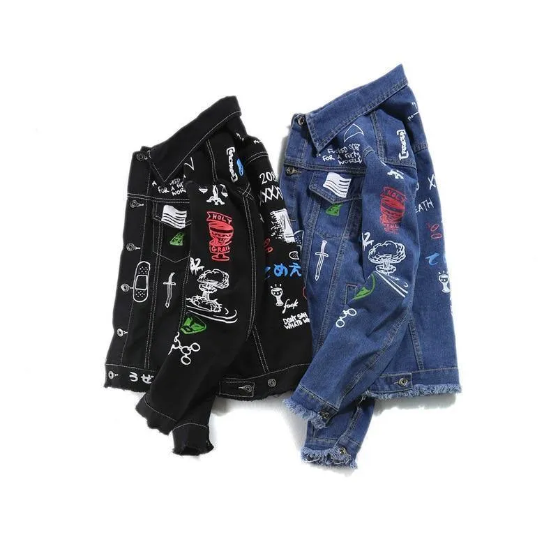 Jeansjacke Langarm Herren Hip Hop bedruckte Tasche Freizeithemden Fashion Streetwear