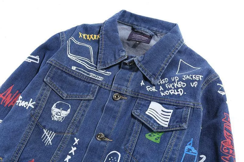 Jeansjacke Langarm Herren Hip Hop bedruckte Tasche Freizeithemden Fashion Streetwear