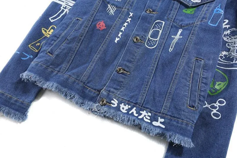 Jeansjacke Langarm Herren Hip Hop bedruckte Tasche Freizeithemden Fashion Streetwear