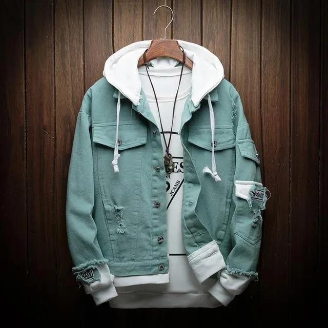 Hooded Denim Jacket Men Fashion Gefälschte zwei Stücke von Streetwear Bomberjacke und Coat Man