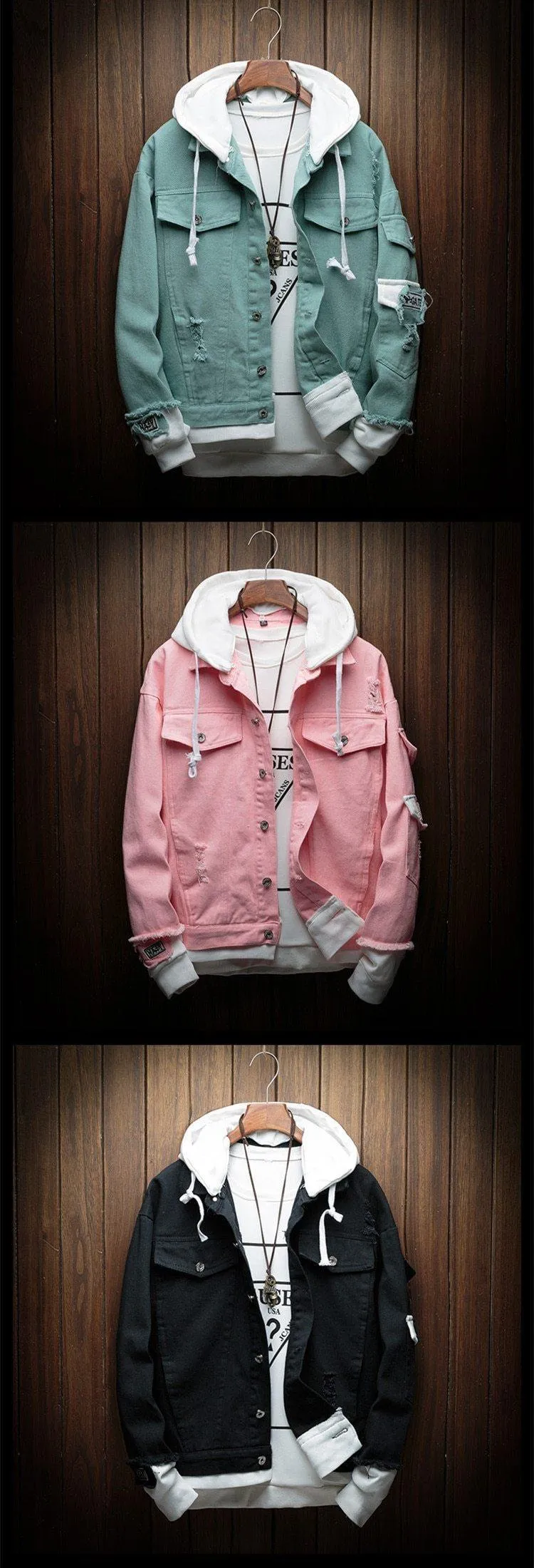 Hooded Denim Jacket Men Fashion Gefälschte zwei Stücke von Streetwear Bomberjacke und Coat Man