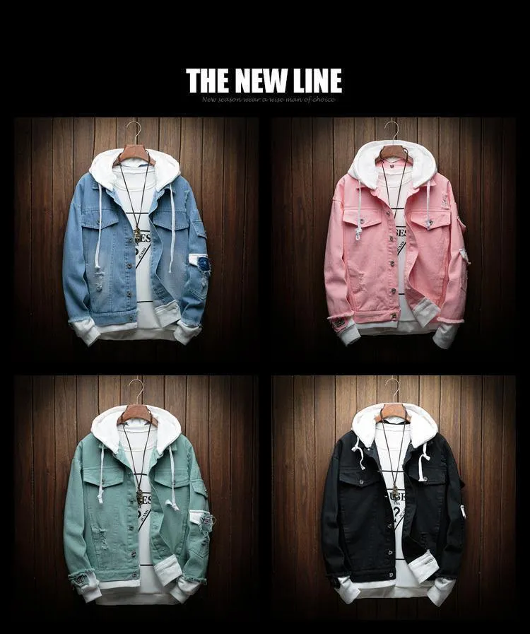 Hooded Denim Jacket Men Fashion Gefälschte zwei Stücke von Streetwear Bomberjacke und Coat Man