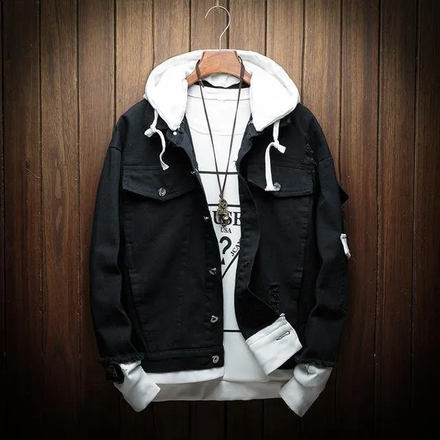 Hooded Denim Jacket Men Fashion Gefälschte zwei Stücke von Streetwear Bomberjacke und Coat Man