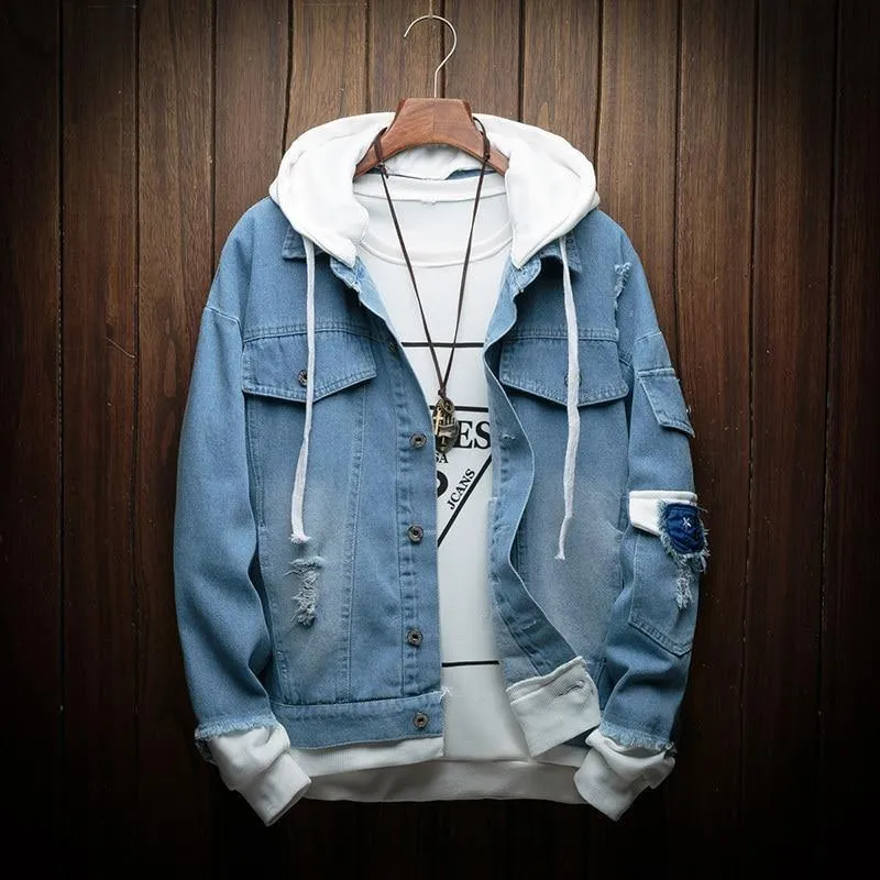 Hooded Denim Jacket Men Fashion Gefälschte zwei Stücke von Streetwear Bomberjacke und Coat Man