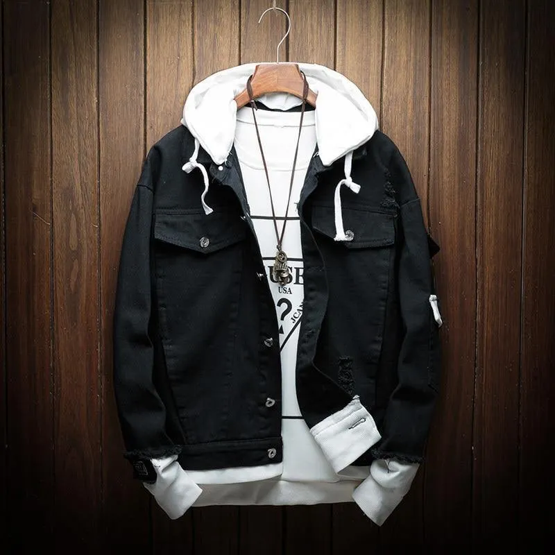 Hooded Denim Jacket Men Fashion Gefälschte zwei Stücke von Streetwear Bomberjacke und Coat Man