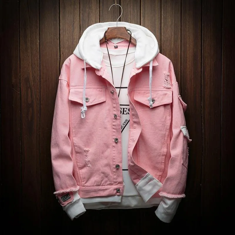 Hooded Denim Jacket Men Fashion Gefälschte zwei Stücke von Streetwear Bomberjacke und Coat Man