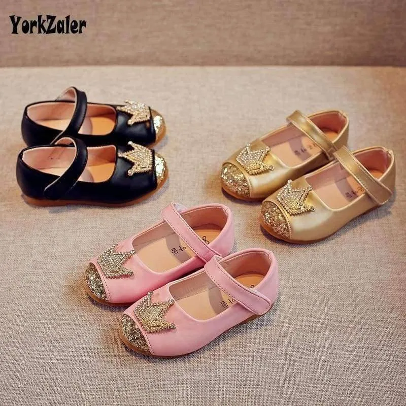 Spring Kids princes Shoes For Girls Children Girl Wedding Shoe Gold Black Crown Sequins Baby Waterproof Footwear