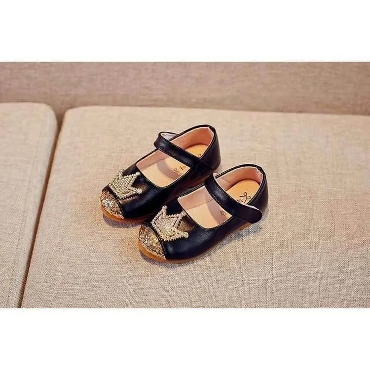 Spring Kids princes Shoes For Girls Children Girl Wedding Shoe Gold Black Crown Sequins Baby Waterproof Footwear