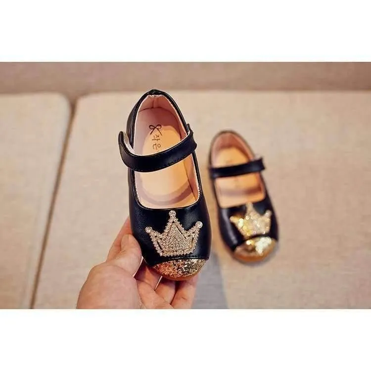 Spring Kids princes Shoes For Girls Children Girl Wedding Shoe Gold Black Crown Sequins Baby Waterproof Footwear