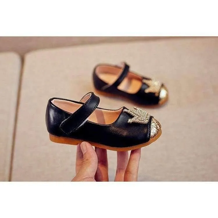 Spring Kids princes Shoes For Girls Children Girl Wedding Shoe Gold Black Crown Sequins Baby Waterproof Footwear