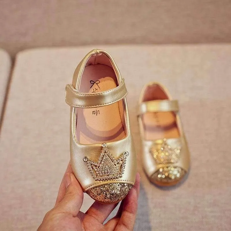 Spring Kids princes Shoes For Girls Children Girl Wedding Shoe Gold Black Crown Sequins Baby Waterproof Footwear