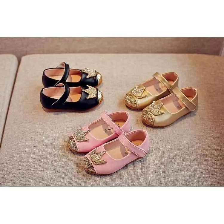 Spring Kids princes Shoes For Girls Children Girl Wedding Shoe Gold Black Crown Sequins Baby Waterproof Footwear