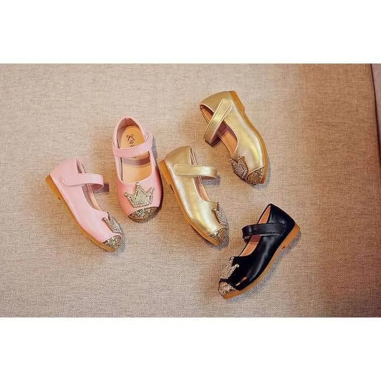 Spring Kids princes Shoes For Girls Children Girl Wedding Shoe Gold Black Crown Sequins Baby Waterproof Footwear