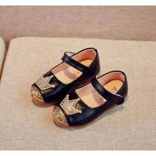 Spring Kids princes Shoes For Girls Children Girl Wedding Shoe Gold Black Crown Sequins Baby Waterproof Footwear