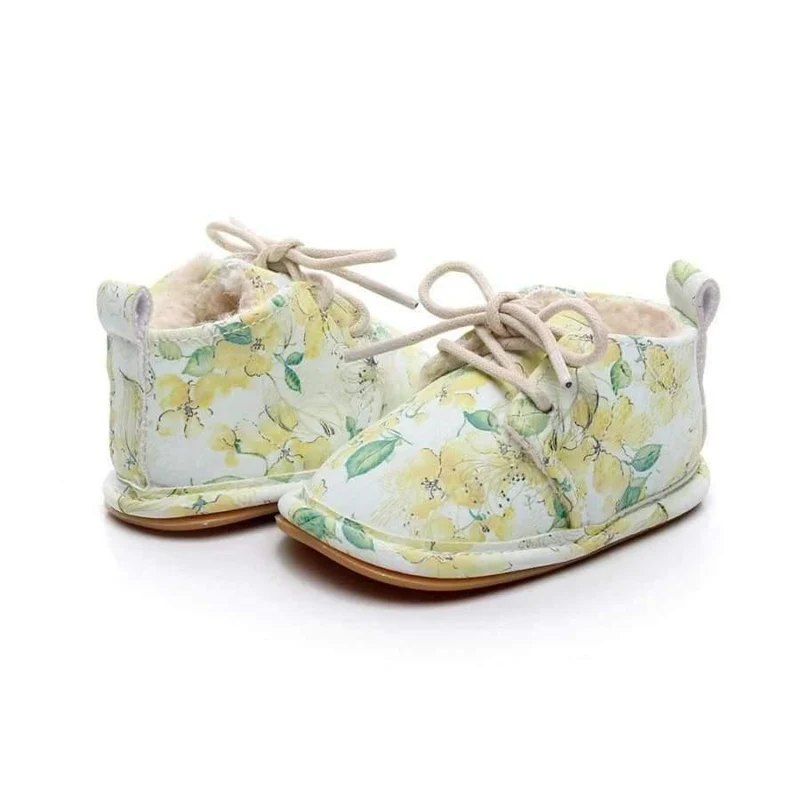 Winter super warm floral printing PU leather with fur baby moccasins infant baby girl boys shoes lace up boot