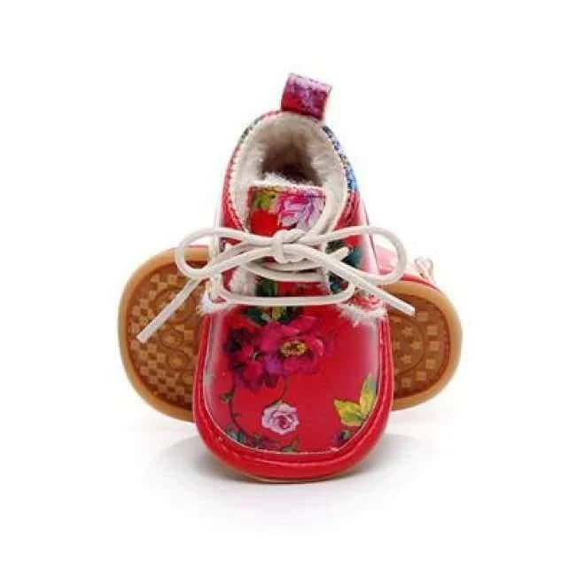 Winter super warm floral printing PU leather with fur baby moccasins infant baby girl boys shoes lace up boot