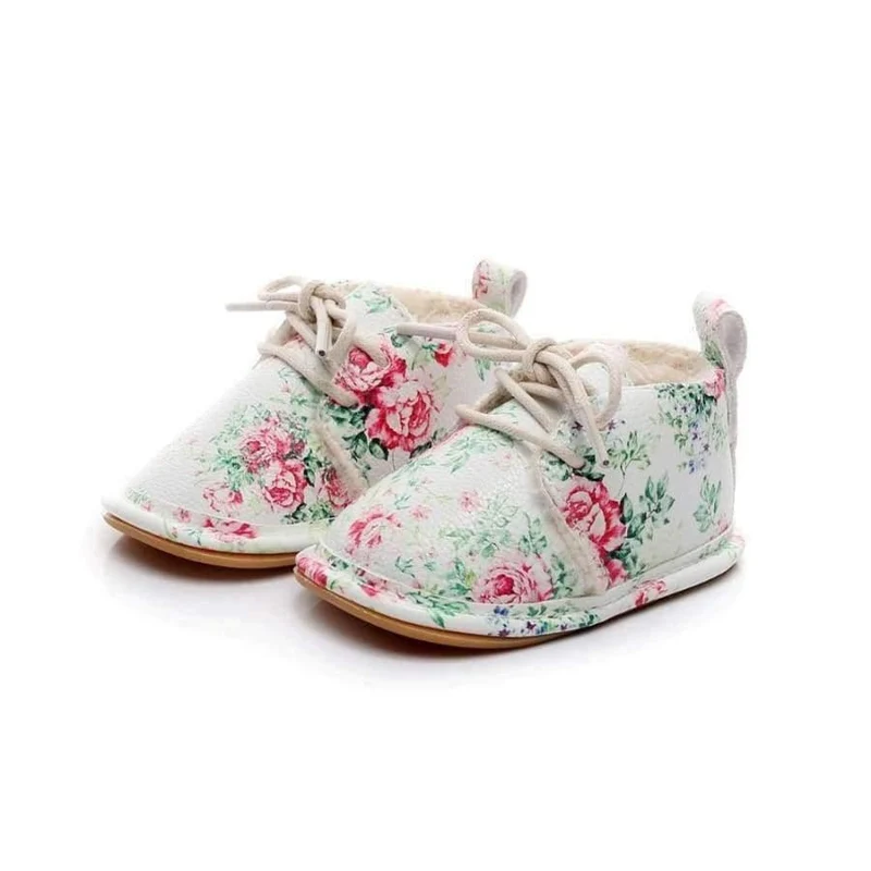 Winter super warm floral printing PU leather with fur baby moccasins infant baby girl boys shoes lace up boot
