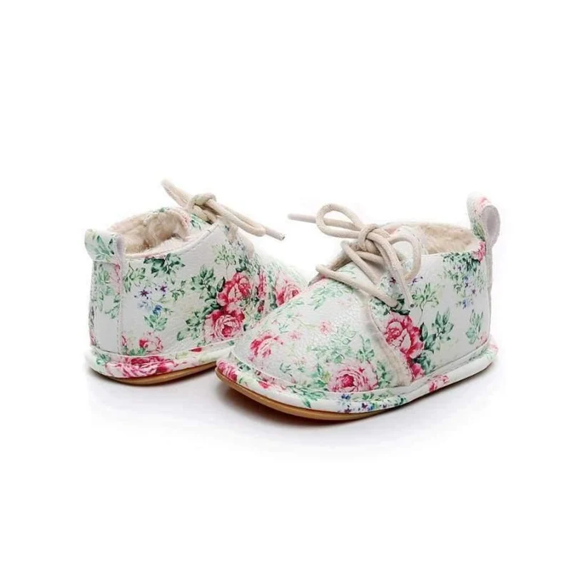 Winter super warm floral printing PU leather with fur baby moccasins infant baby girl boys shoes lace up boot