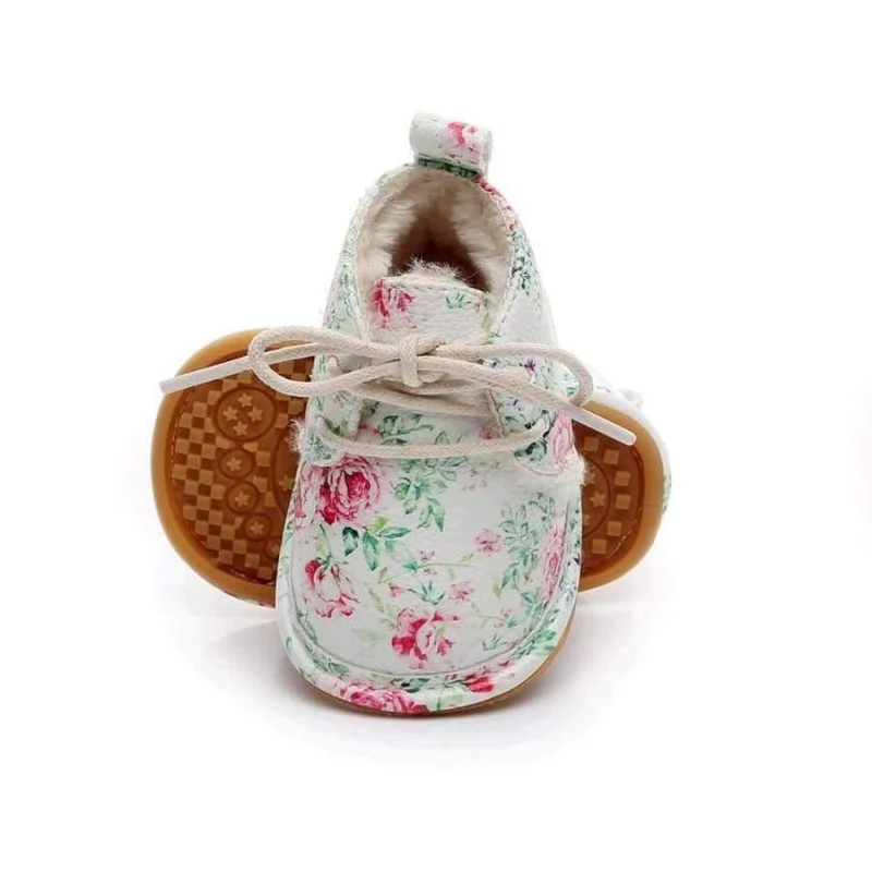 Winter super warm floral printing PU leather with fur baby moccasins infant baby girl boys shoes lace up boot