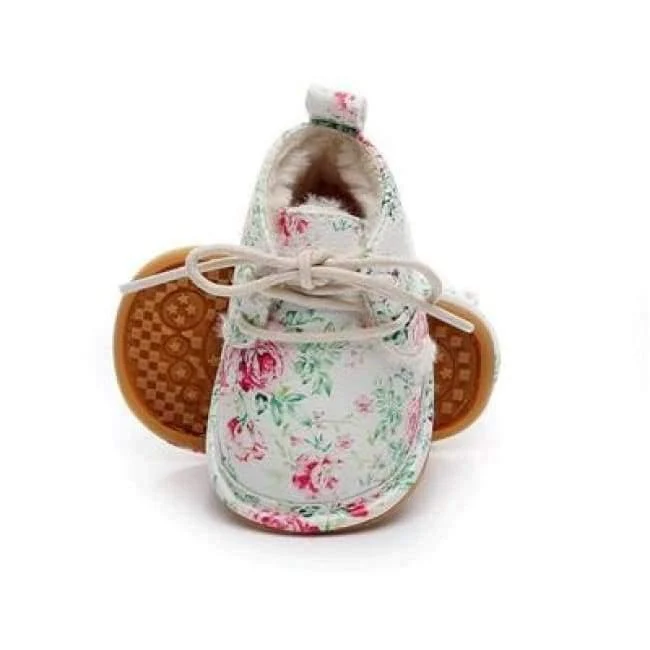 Winter super warm floral printing PU leather with fur baby moccasins infant baby girl boys shoes lace up boot