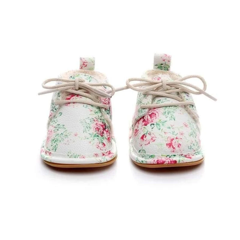 Winter super warm floral printing PU leather with fur baby moccasins infant baby girl boys shoes lace up boot