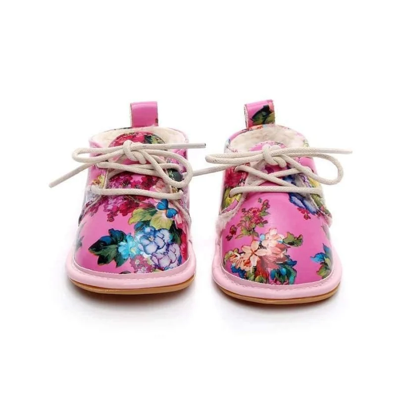 Winter super warm floral printing PU leather with fur baby moccasins infant baby girl boys shoes lace up boot