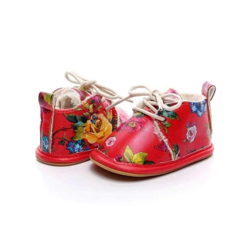 Winter super warm floral printing PU leather with fur baby moccasins infant baby girl boys shoes lace up boot