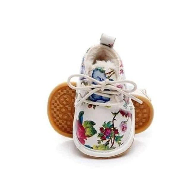 Winter super warm floral printing PU leather with fur baby moccasins infant baby girl boys shoes lace up boot
