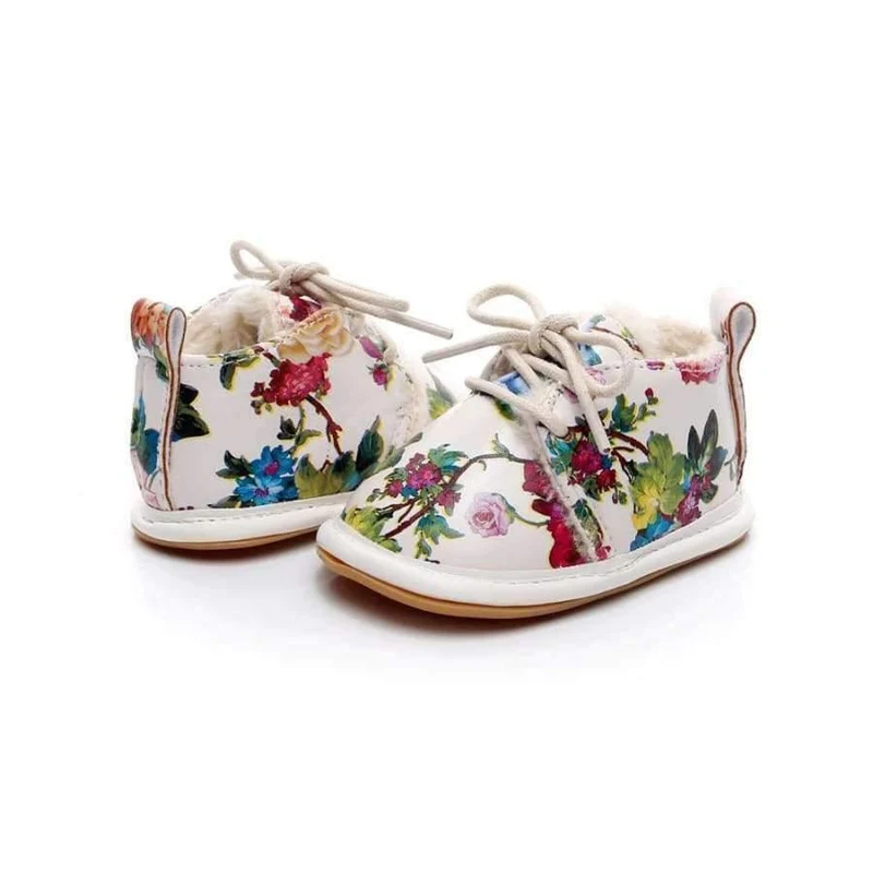 Winter super warm floral printing PU leather with fur baby moccasins infant baby girl boys shoes lace up boot