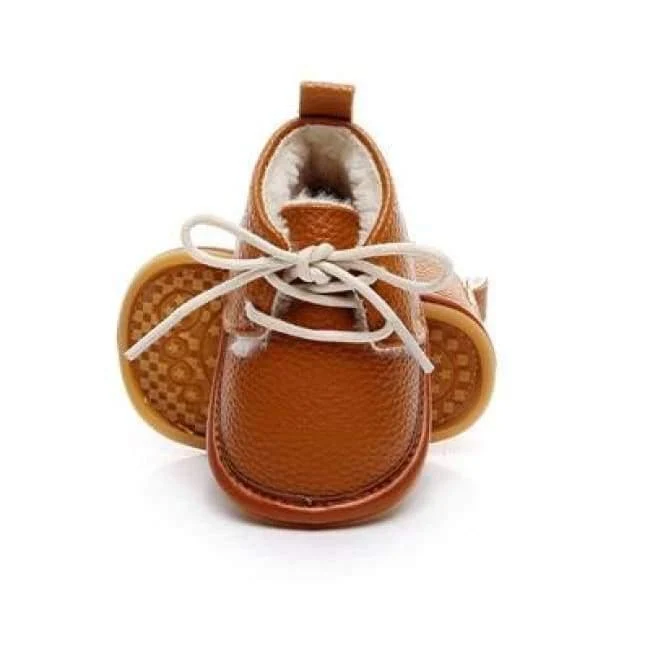 Winter super warm floral printing PU leather with fur baby moccasins infant baby girl boys shoes lace up boot