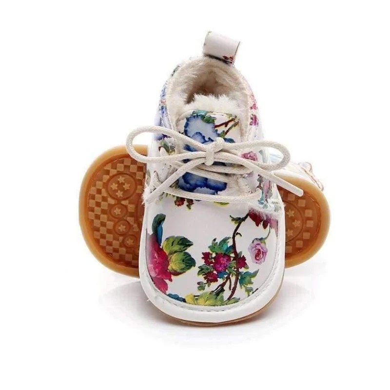 Winter super warm floral printing PU leather with fur baby moccasins infant baby girl boys shoes lace up boot