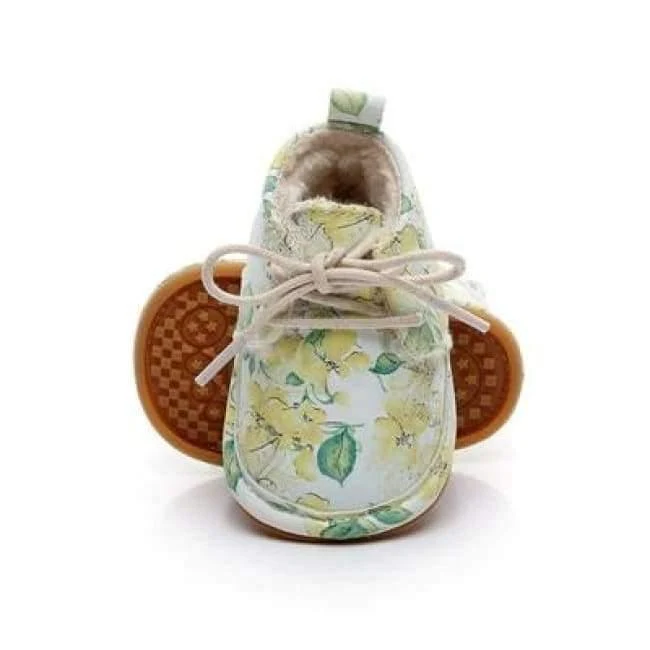 Winter super warm floral printing PU leather with fur baby moccasins infant baby girl boys shoes lace up boot