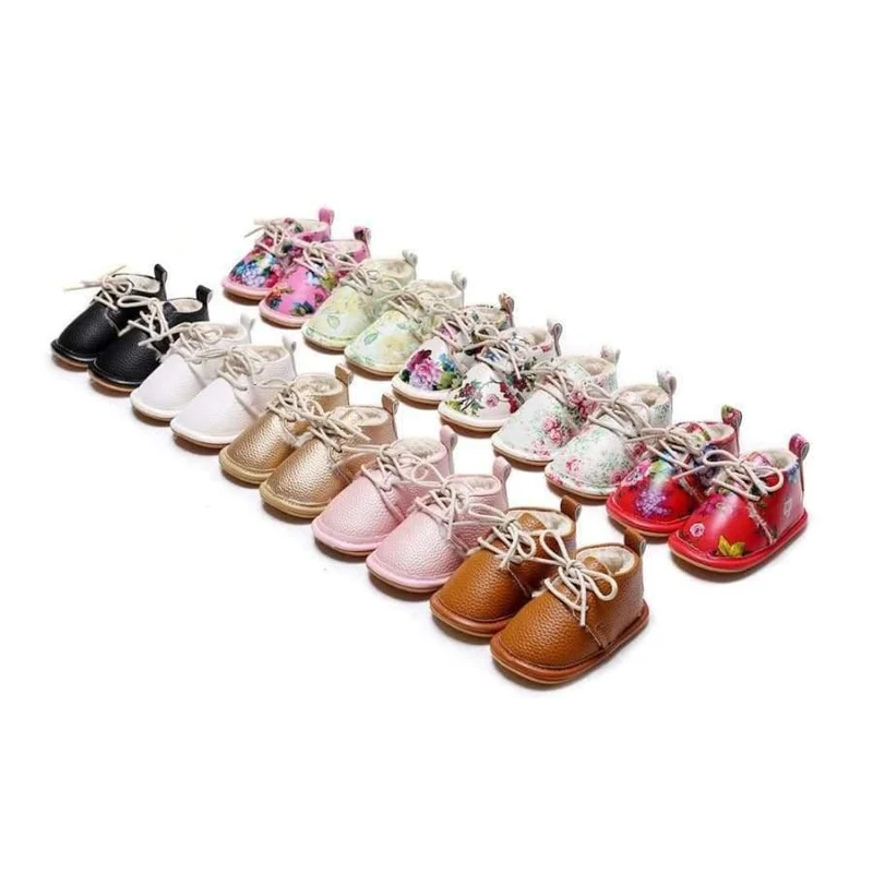 Winter super warm floral printing PU leather with fur baby moccasins infant baby girl boys shoes lace up boot
