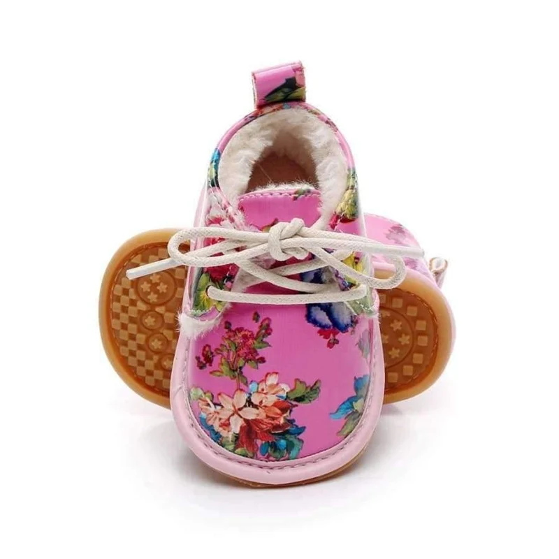 Winter super warm floral printing PU leather with fur baby moccasins infant baby girl boys shoes lace up boot