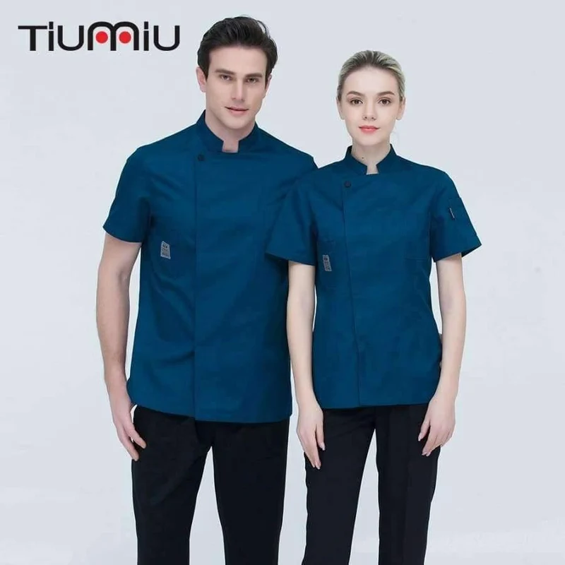 Schwarze Kurzarm-Kochuniformen für Restaurants, Hotels, Kochjacken, Küchenanzüge, Herren- und Damen-Arbeitskleidung für die Küche, Overalls, Blau/Rot