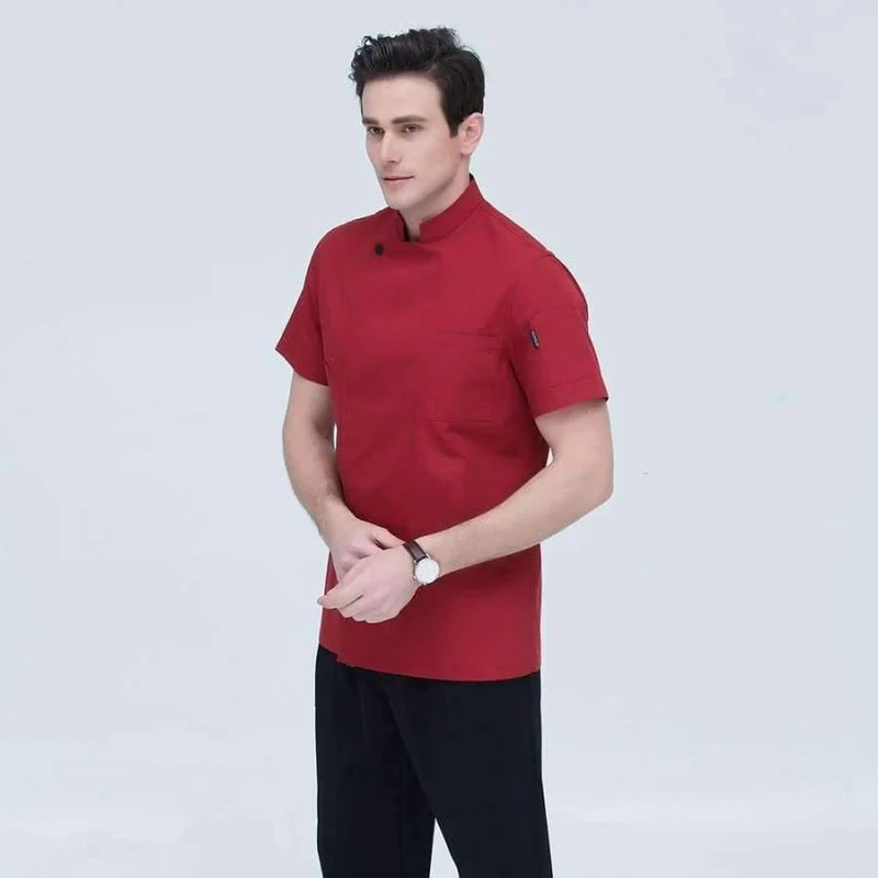 Schwarze Kurzarm-Kochuniformen für Restaurants, Hotels, Kochjacken, Küchenanzüge, Herren- und Damen-Arbeitskleidung für die Küche, Overalls, Blau/Rot