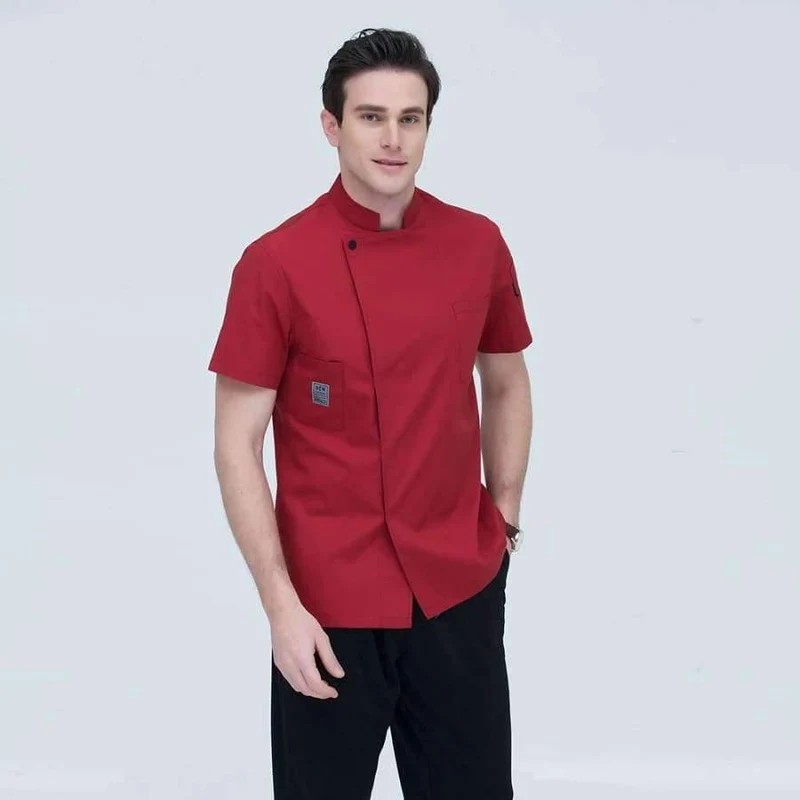 Schwarze Kurzarm-Kochuniformen für Restaurants, Hotels, Kochjacken, Küchenanzüge, Herren- und Damen-Arbeitskleidung für die Küche, Overalls, Blau/Rot