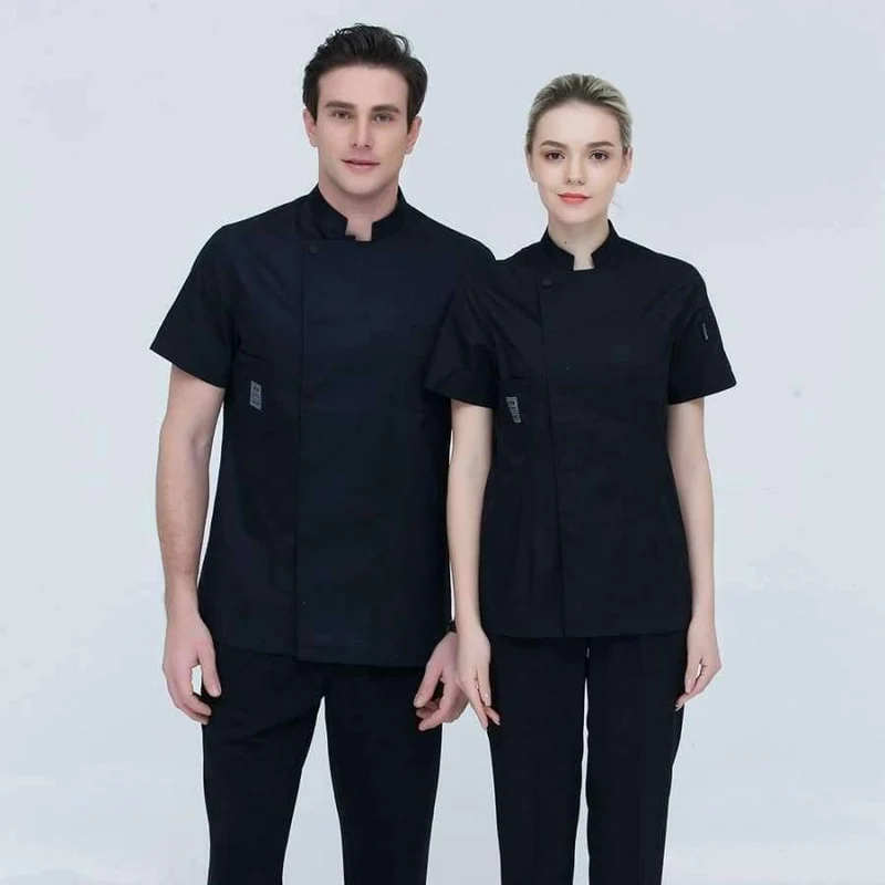 Schwarze Kurzarm-Kochuniformen für Restaurants, Hotels, Kochjacken, Küchenanzüge, Herren- und Damen-Arbeitskleidung für die Küche, Overalls, Blau/Rot