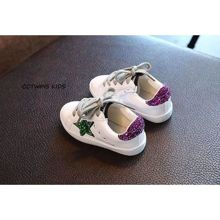 Toddler Fashion Sport Lace-Up Shoe Baby Girl Kid Glitter Sneaker Children Pu Leather Breathable Trainer F1830