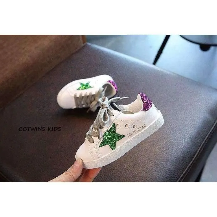 Toddler Fashion Sport Lace-Up Shoe Baby Girl Kid Glitter Sneaker Children Pu Leather Breathable Trainer F1830