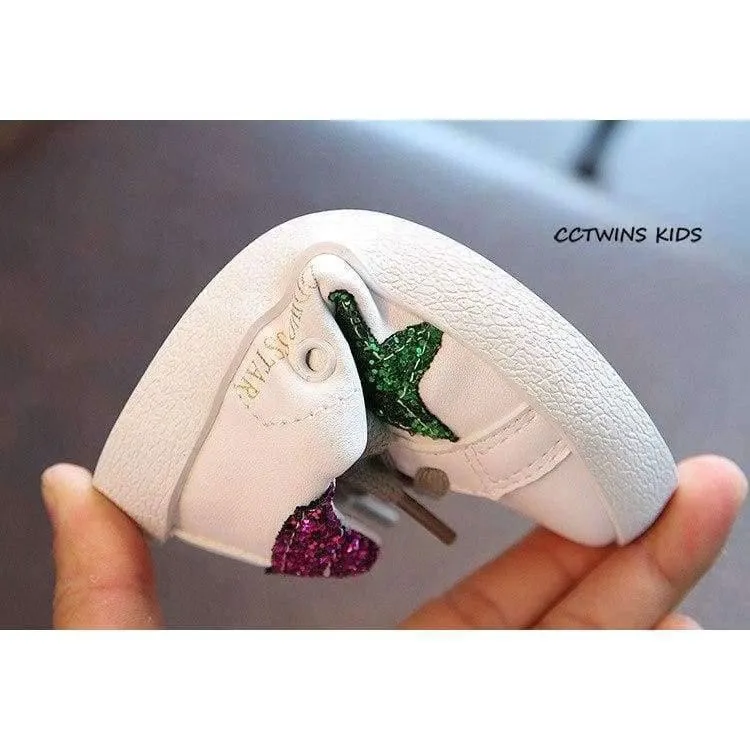 Toddler Fashion Sport Lace-Up Shoe Baby Girl Kid Glitter Sneaker Children Pu Leather Breathable Trainer F1830