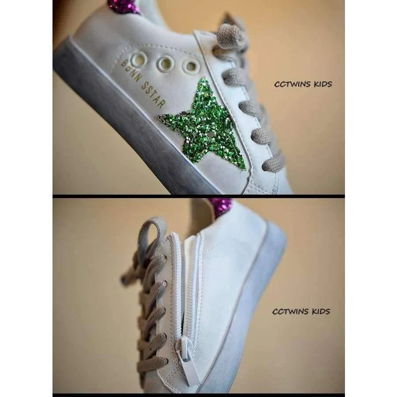 Toddler Fashion Sport Lace-Up Shoe Baby Girl Kid Glitter Sneaker Children Pu Leather Breathable Trainer F1830