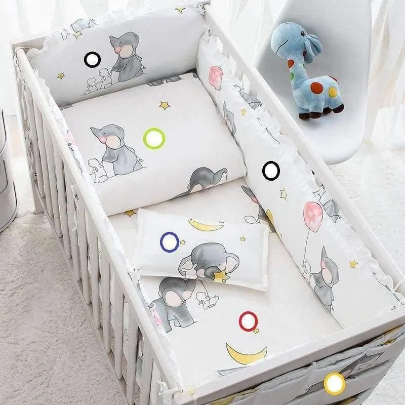 Weiche Baby-Bettwäsche-Sets aus Baumwolle mit Cartoon-Motiv, grauer Elefant, Babybett-Stoßstange, inklusive Kissen/Stoßstangen/Blatt/Bettbezug