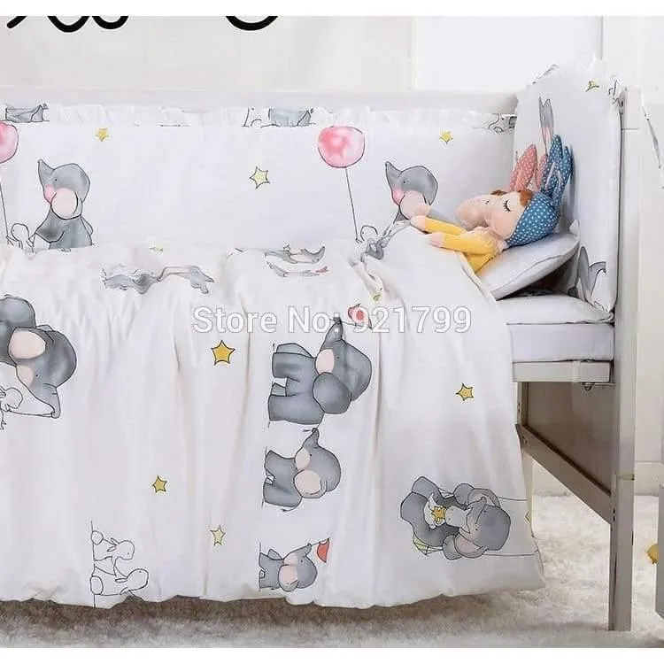 Weiche Baby-Bettwäsche-Sets aus Baumwolle mit Cartoon-Motiv, grauer Elefant, Babybett-Stoßstange, inklusive Kissen/Stoßstangen/Blatt/Bettbezug