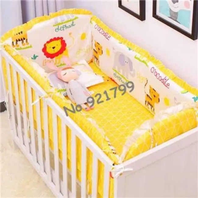 Weiche Baby-Bettwäsche-Sets aus Baumwolle mit Cartoon-Motiv, grauer Elefant, Babybett-Stoßstange, inklusive Kissen/Stoßstangen/Blatt/Bettbezug